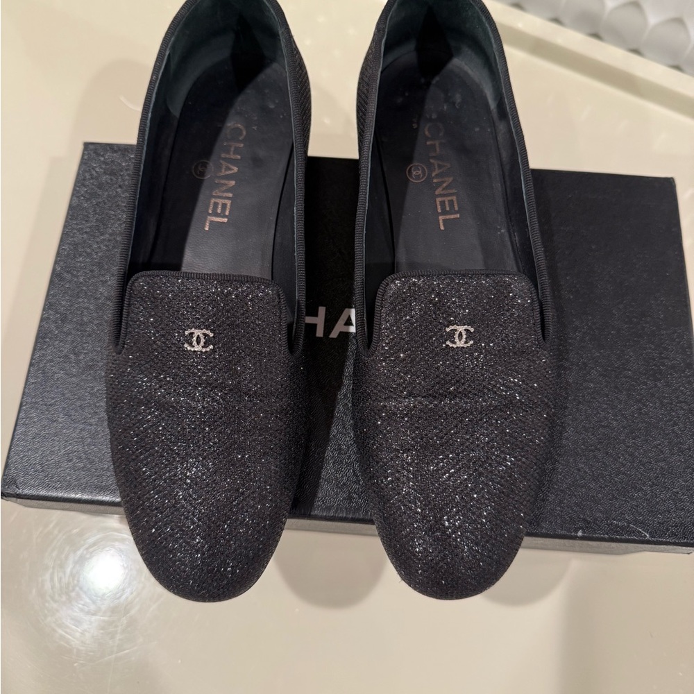 CHANEL Glitter Black Loafers